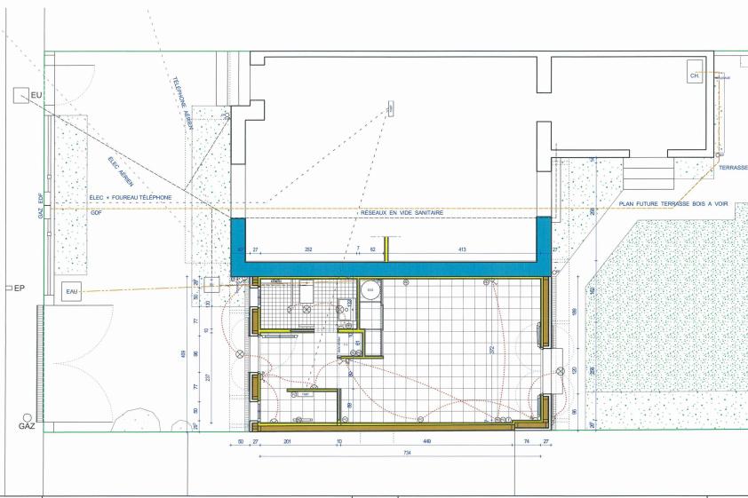 Plan de l'extension en ossature-bois avec calepinage des carrelages, indication 