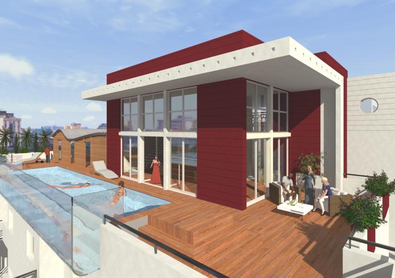 Piscine en porte à faux au dernier étage de l'immeuble R+9 de haut standing