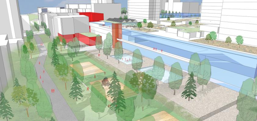 Vue du parc des Pléiades avec la nouvelle façade sud du Centre Charras © Rethink