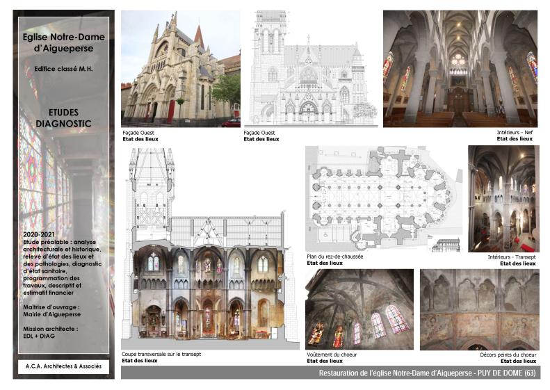 Eglise d'Aigueperse - Classée Monument Historique - Fiche de présentation des études préalables: historique, relevé d'état des lieux, diagnostique d'état sanitaire, estimation financière des travaux de restauration.