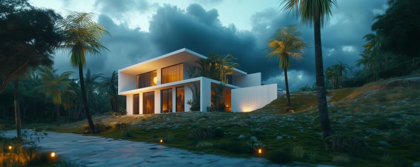 Travail Rendu architectural d'une villa minimaliste dans un environnement tropical