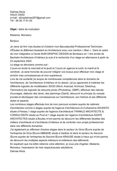 Lettre de motivation Delmas Alicia