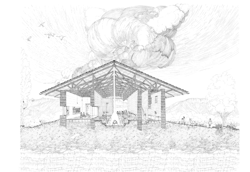 Coupe perspective au 1/50e - dessin à la main - Projet de Fin d'Etudes 2025