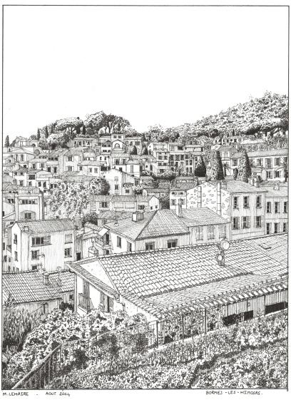 Dessin à la main de la ville de Bormes-les-Mimosas