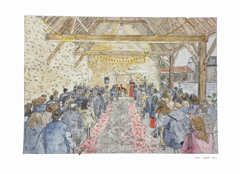 Aquarelle d'un mariage dans une grange