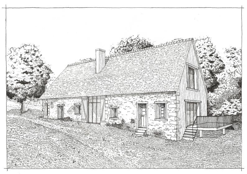 Perspective proche à la main d'une grange pour permis de construire