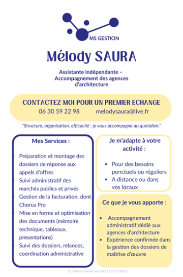 Flyer de présentation des services de gestion administrative pour agences d’architecture – Melody Saura