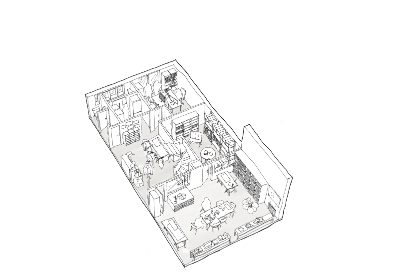 Vue du rez-de-chaussée avec une grande entrée permettant le stockage des vélos, une grande salle de réunion, un espace repro/repos, le bureau de 13 m2 , une kitchenette, et les sanitaires.