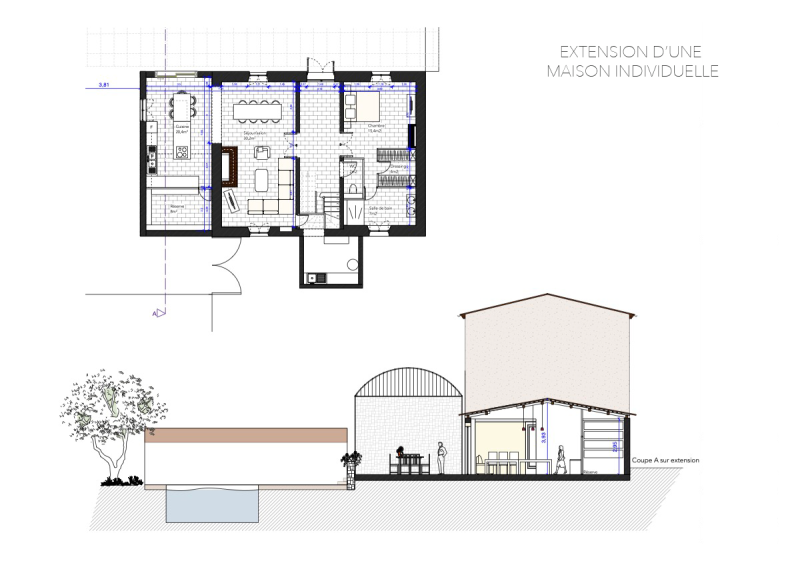 Plan et coupe de terrain d'une maison individuelle