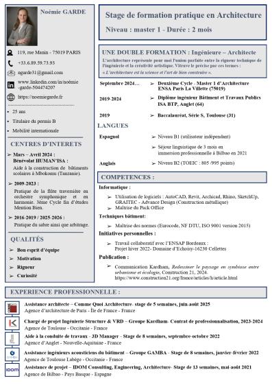 CV GARDE Noémie- Demande de Stage Formation pratique Architecture -Niveau MASTER 1
