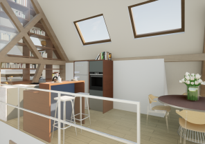 Vue sur la cuisine et le mur pignon qui reste pour garder le charme de l'ancien