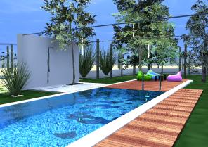 piscine (couloir de nage) avec plage et douche extérieure sous les arbres 