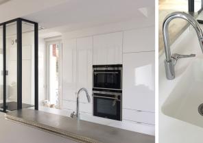 Maison ouvrière - Cuisine : verrière acier, corian et étain