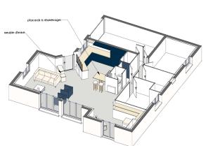axonométrie de l'espace de vie et visualisation du projet