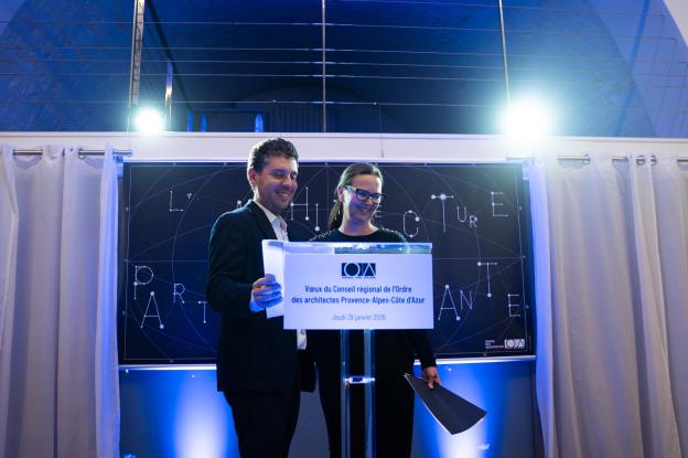 Maryline Chevalier, présidente du Conseil régional de l'Ordre des architectes PACA, et Christophe Millet, président du Conseil national de l'Ordre des architectes, lors de la soirée des vœux du conseil régional le 29 janvier 2026 à Marseille.