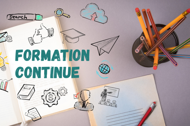Illustration avec pictogrammes des enjeux de la formation continue