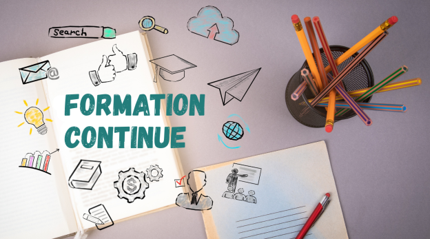 Illustration avec pictogrammes des enjeux de la formation continue
